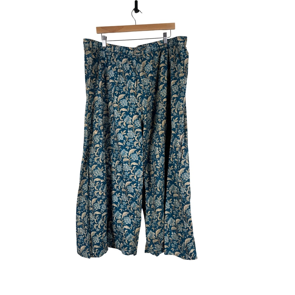 XL Love by Janasya Womens 5XL Teal Gold Floral Wide Leg‎ Pants Boho Block Print